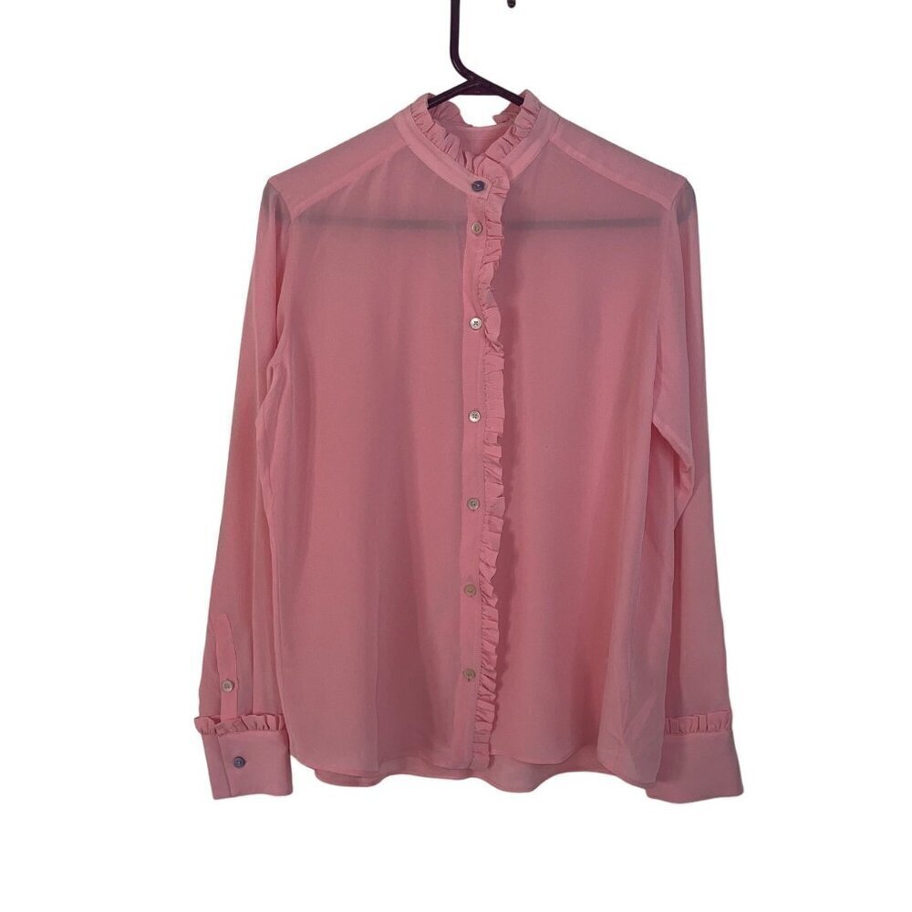 Paul Smith Womens Blouse Size 42 Pink Ruffle Trim Button Down Long Sleeve